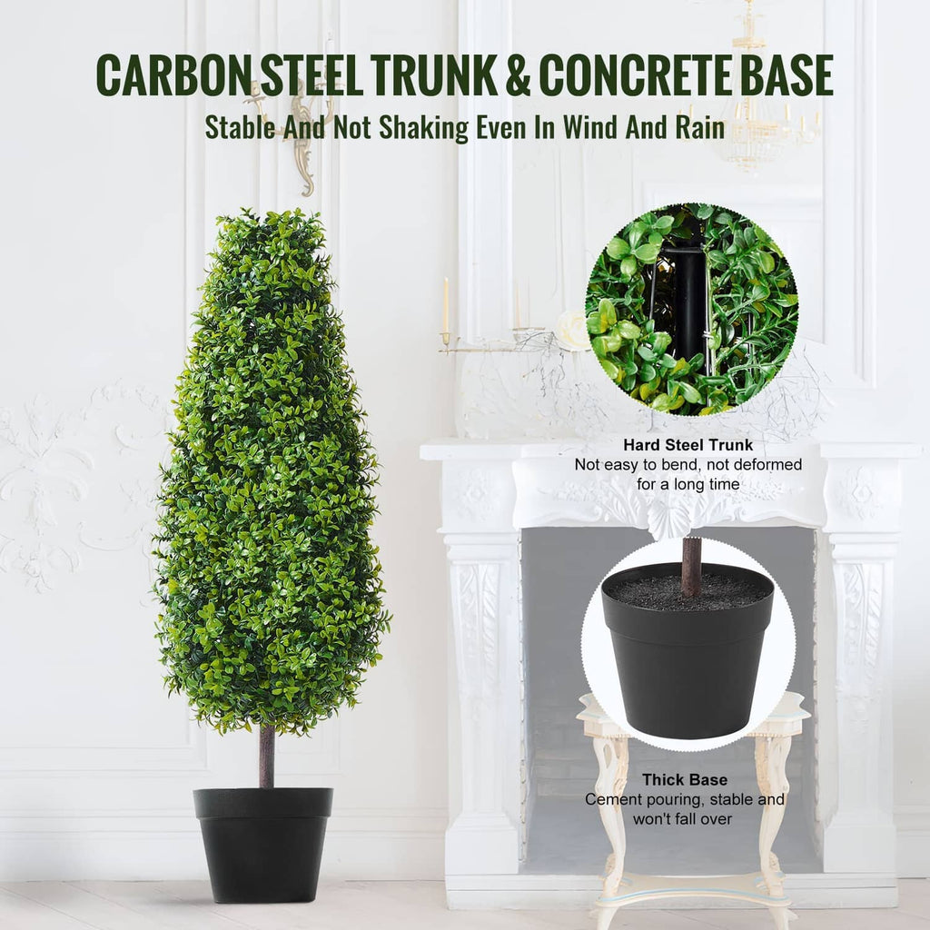 Artificial boxwood topiary tree with bright green foliage in a black pot