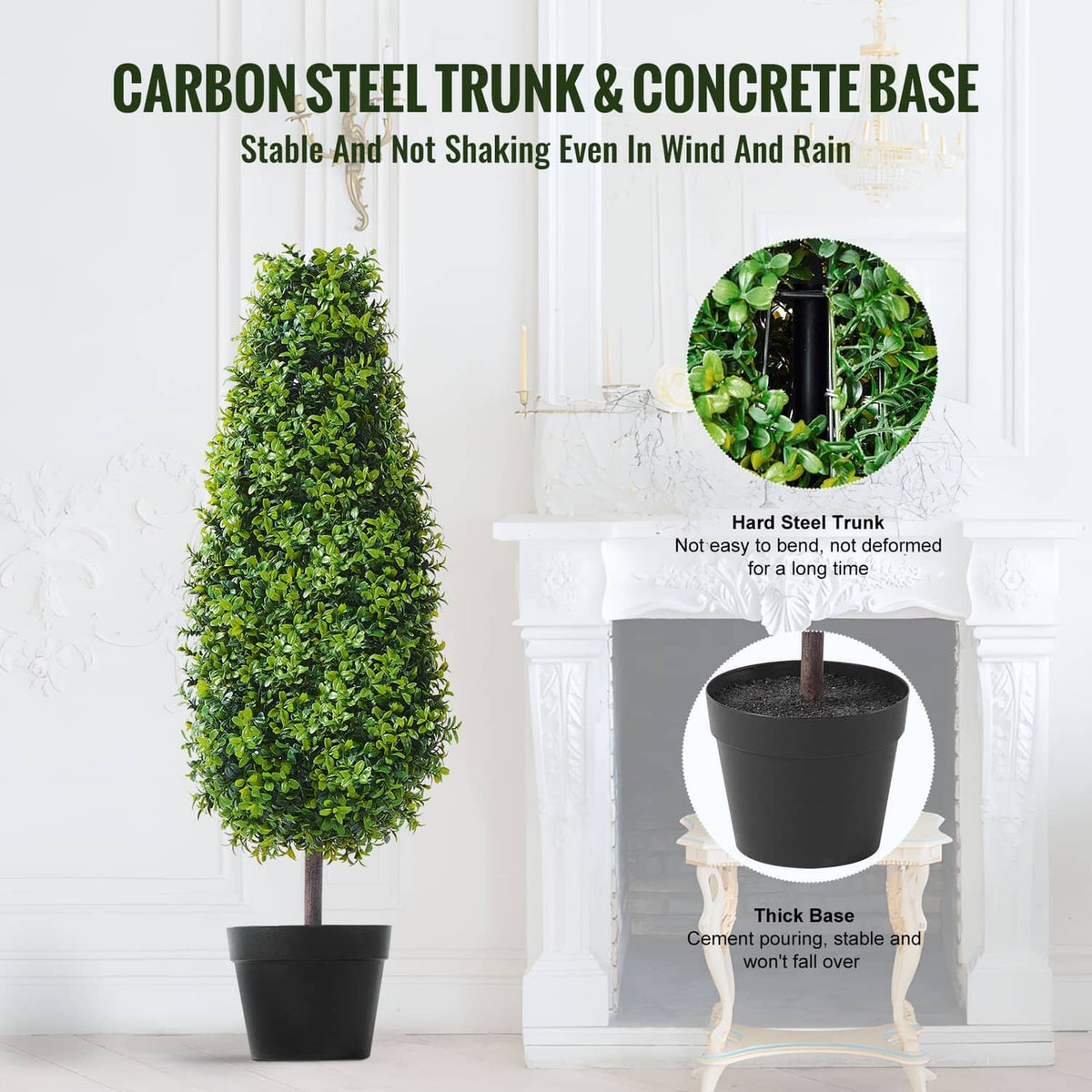 Artificial boxwood topiary tree with bright green foliage in a black pot
