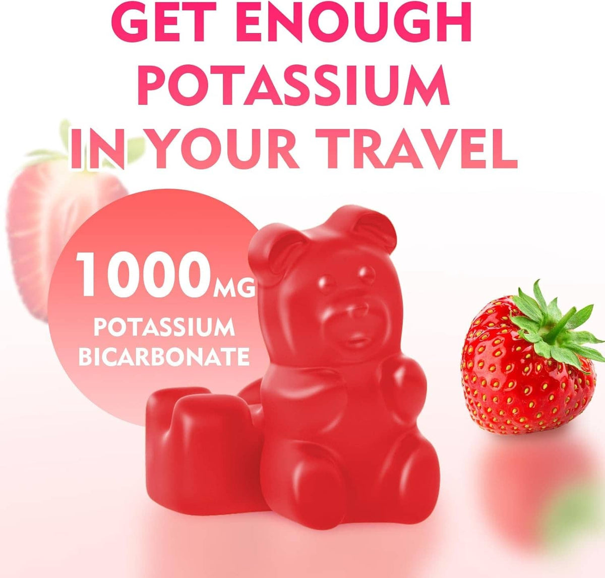 Red bear-shaped potassium gummies with 1000mg potassium bicarbonate label