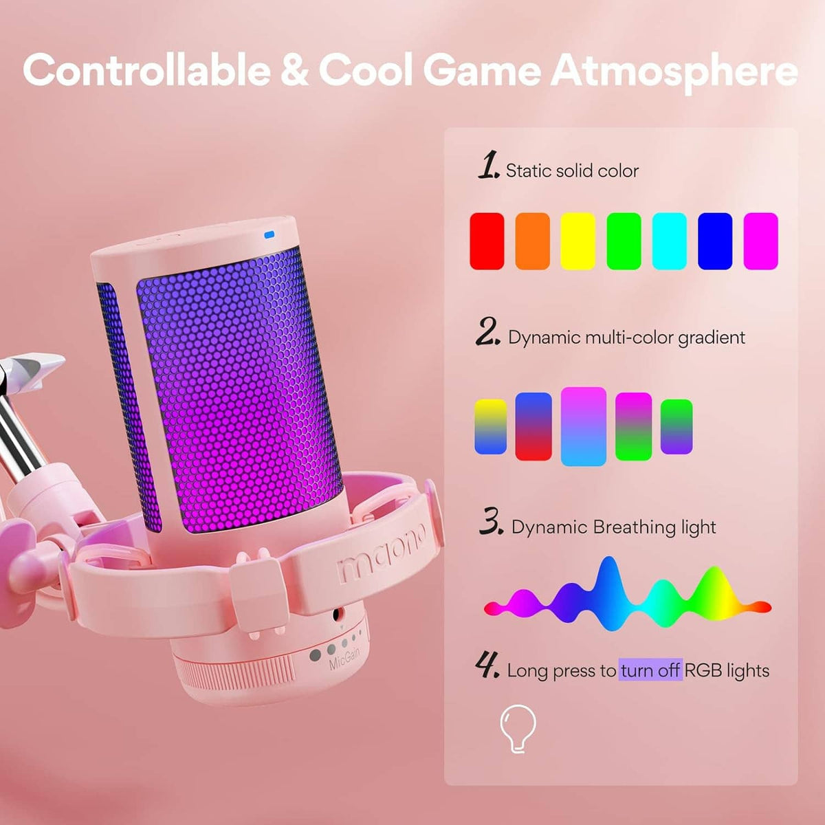 Pink microphone with purple LED grille and multi-color lighting effects