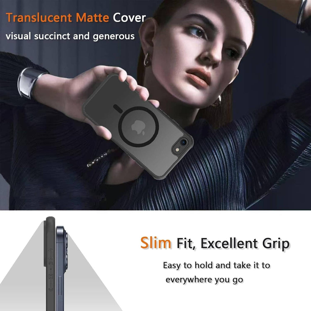 Translucent matte iPhone case with MagSafe ring, slim profile, and camera opening