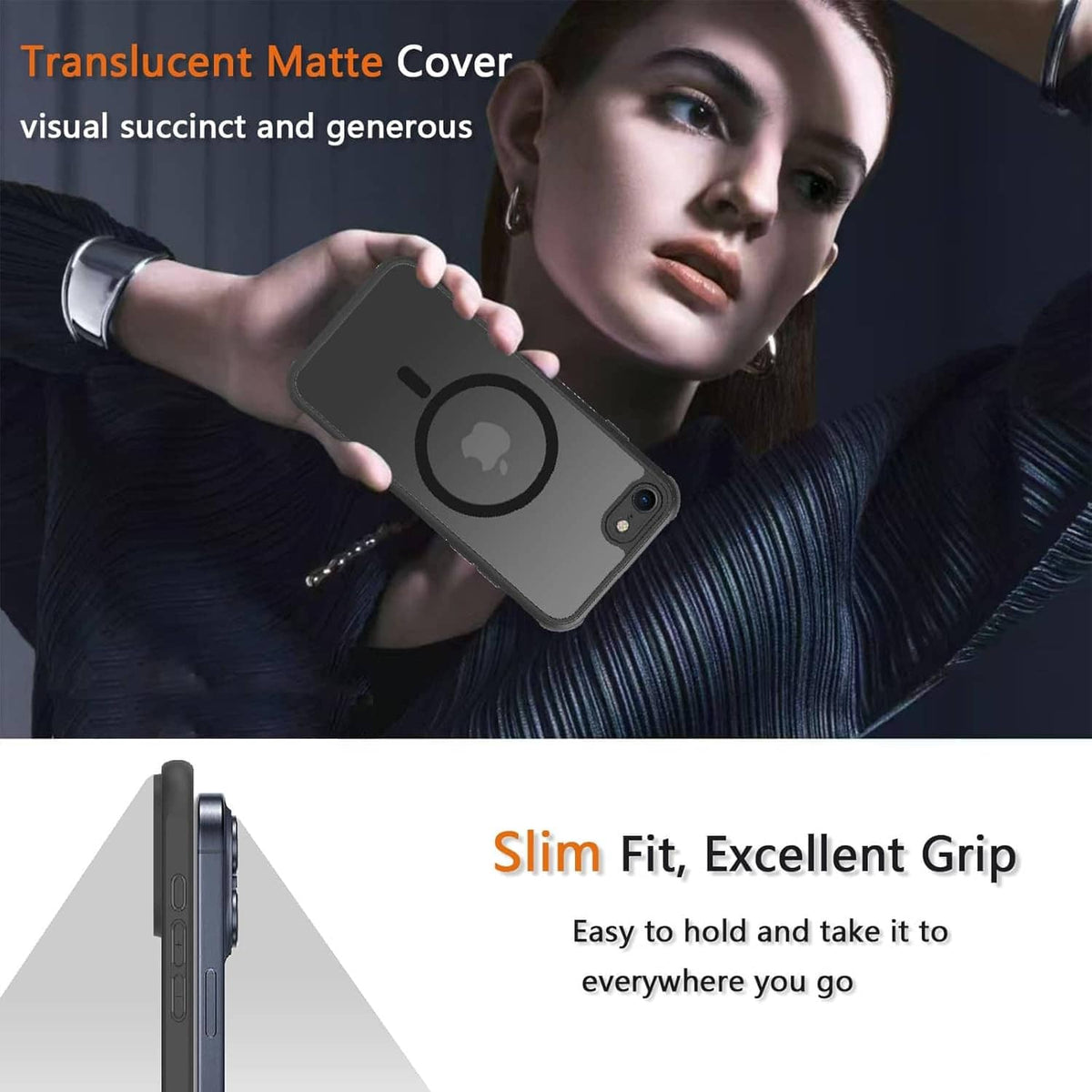 Translucent matte iPhone case with MagSafe ring, slim profile, and camera opening