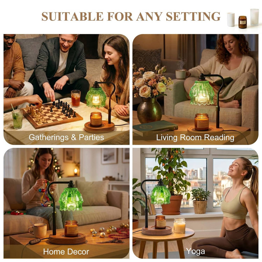 Flame-less candle warmer lamp with green glass shade on black stand for home use.