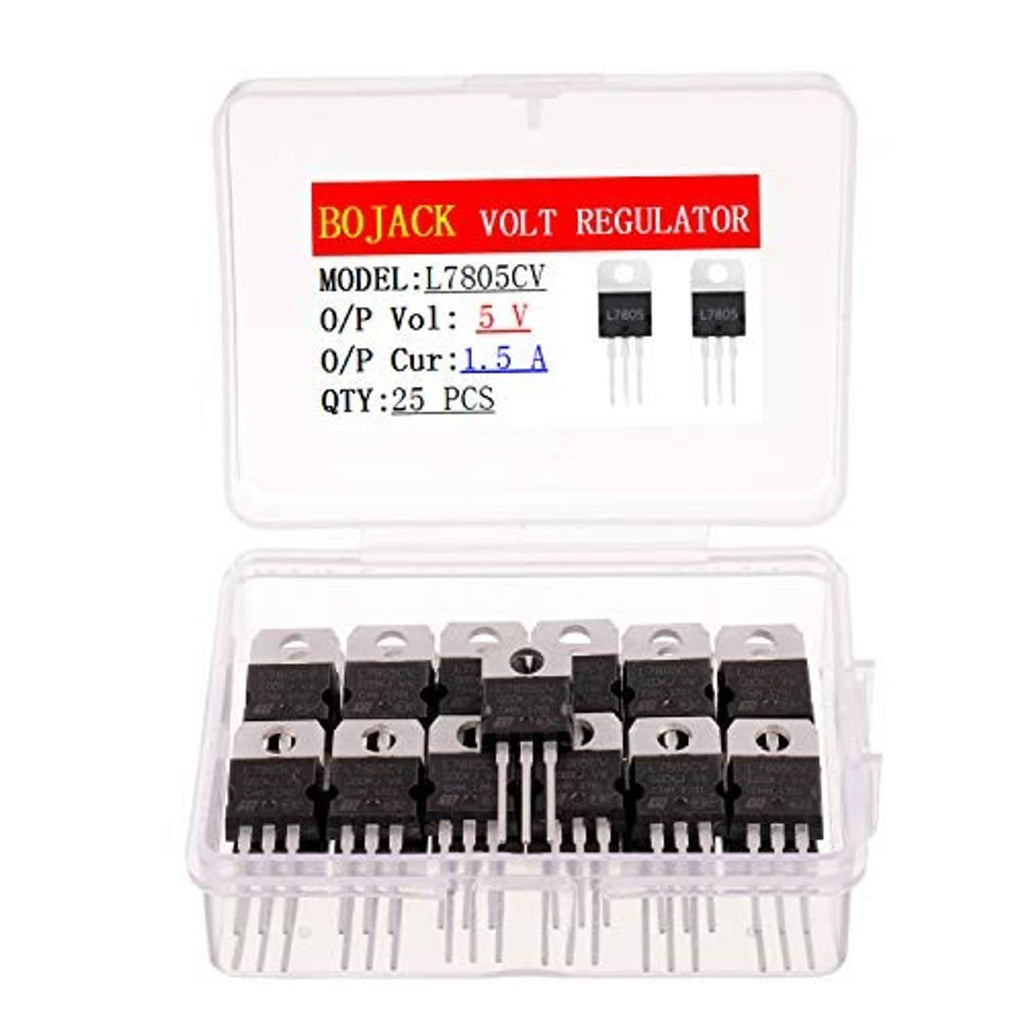 Voltage regulator ICs with BOJACK label in clear case, black 3-lead packages
