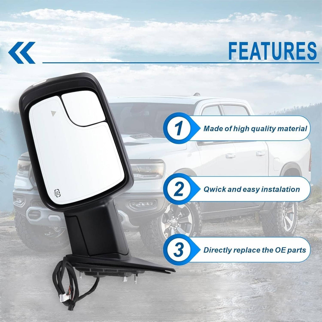 Left driver side heated mirror with black housing and clear glass, parts and plug shown