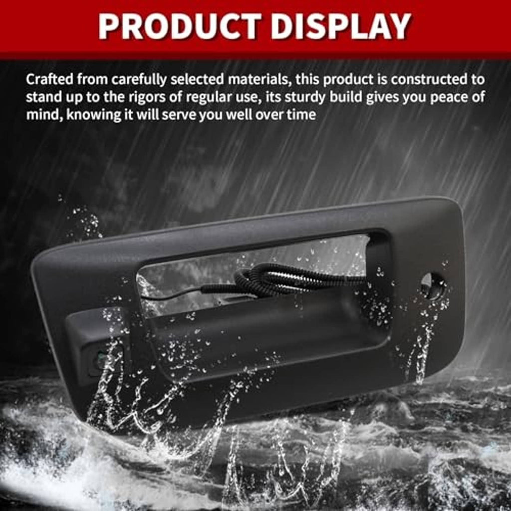 Black tailgate handle backup camera housing with visible water droplets