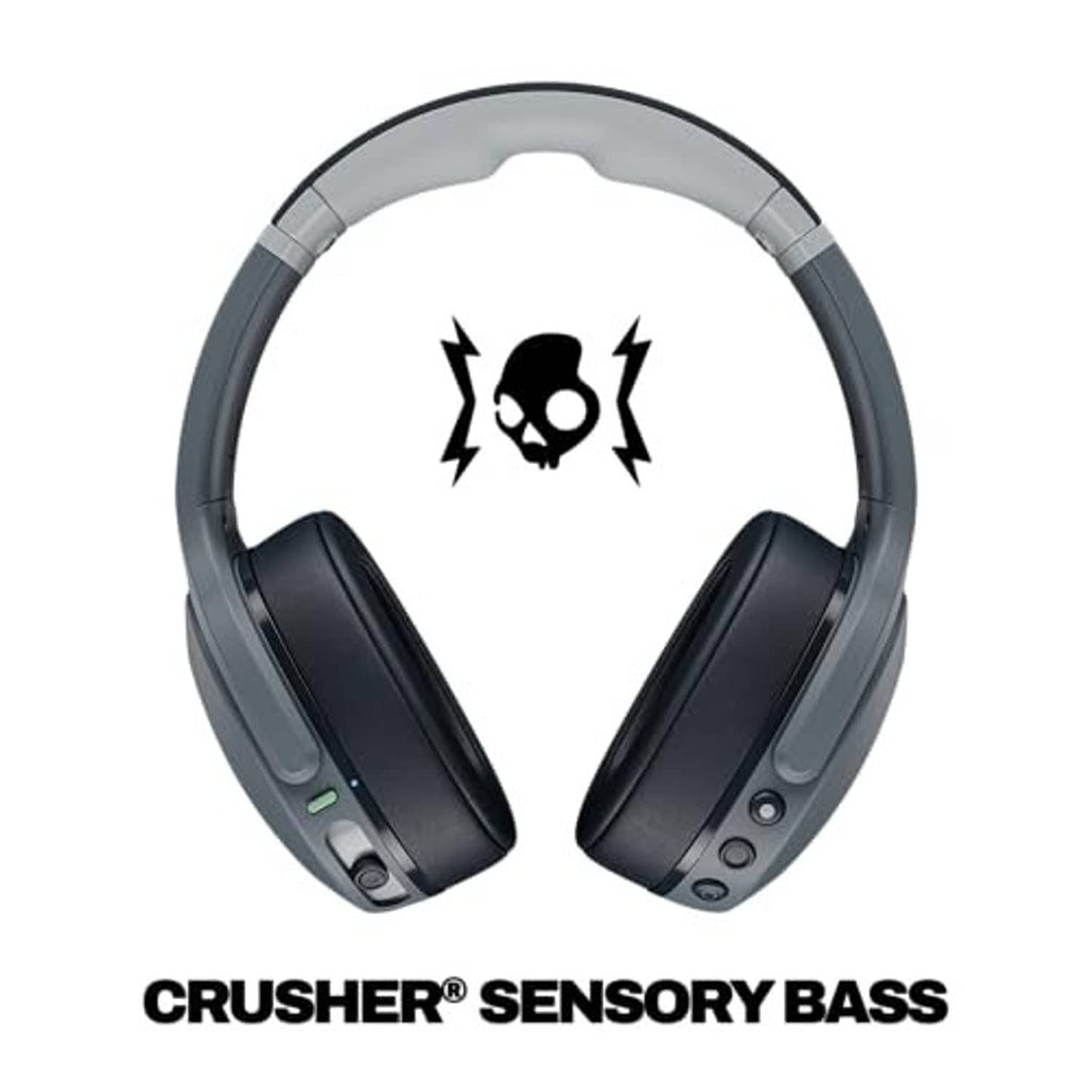 Chill grey wireless over-ear headphones with skull graphic on earcups