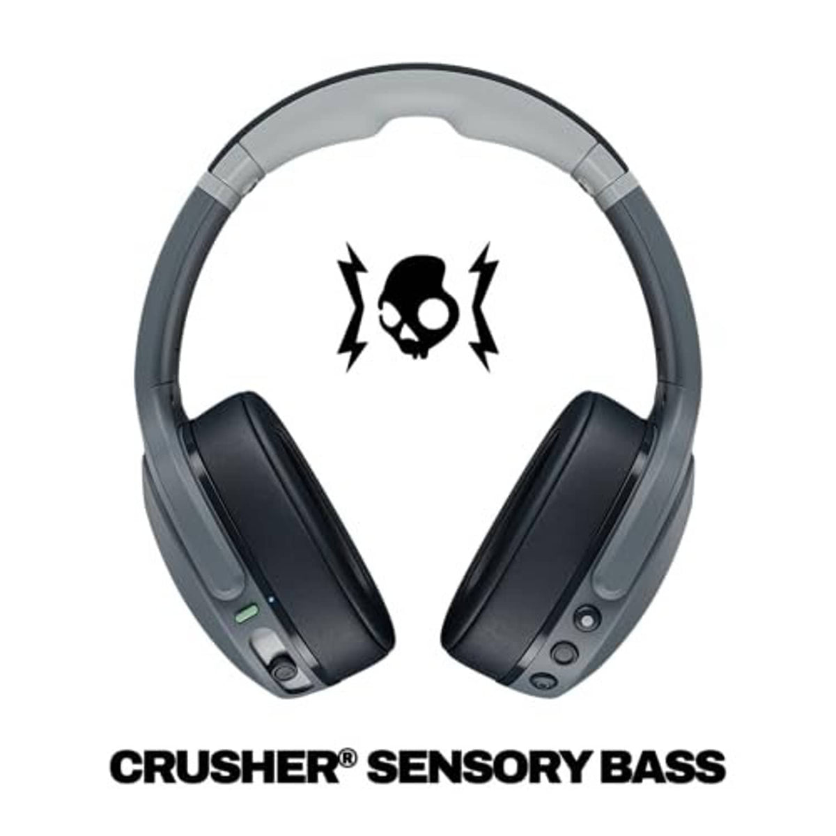 Chill grey wireless over-ear headphones with skull graphic on earcups
