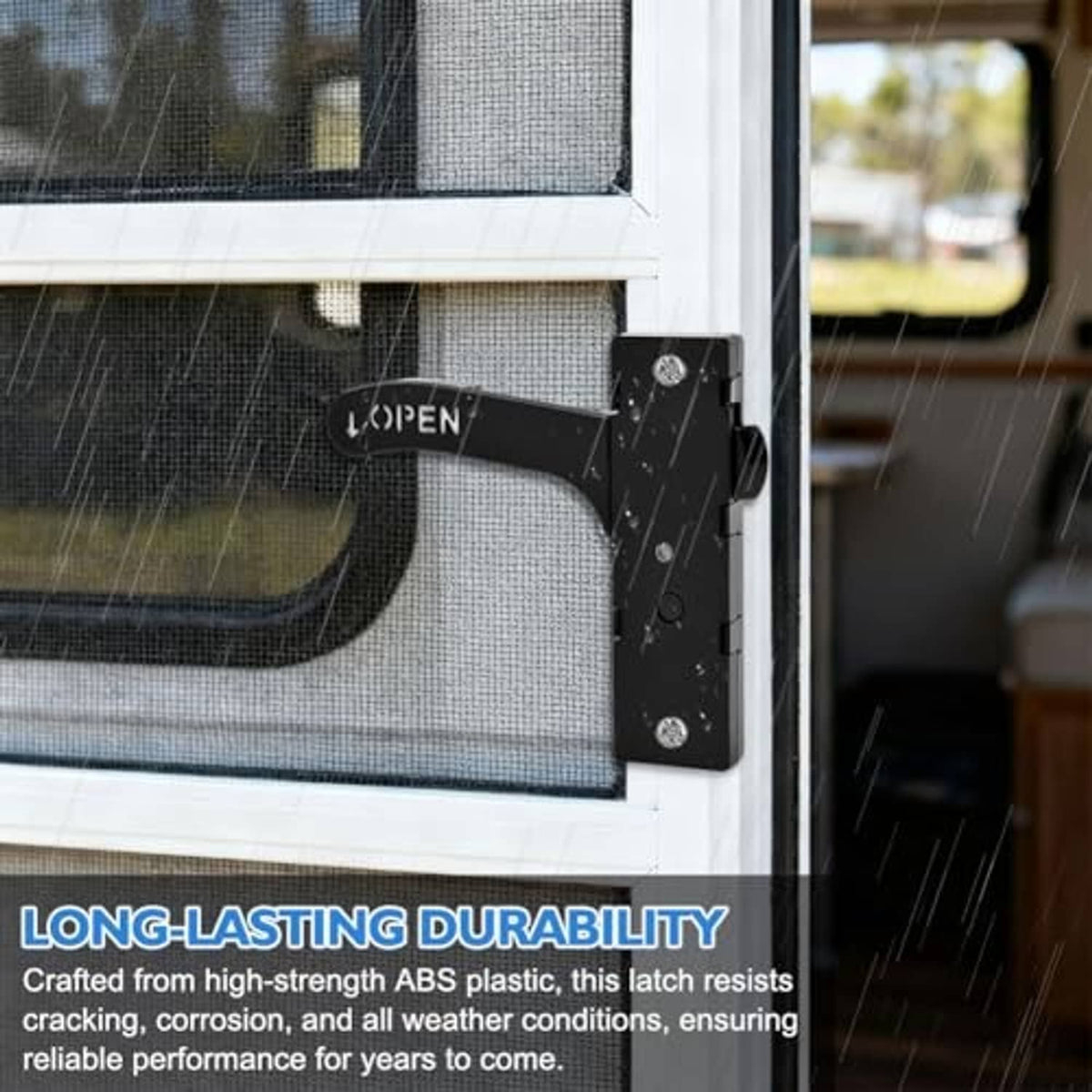 Black RV screen door latch mounted on camper door frame with open handle