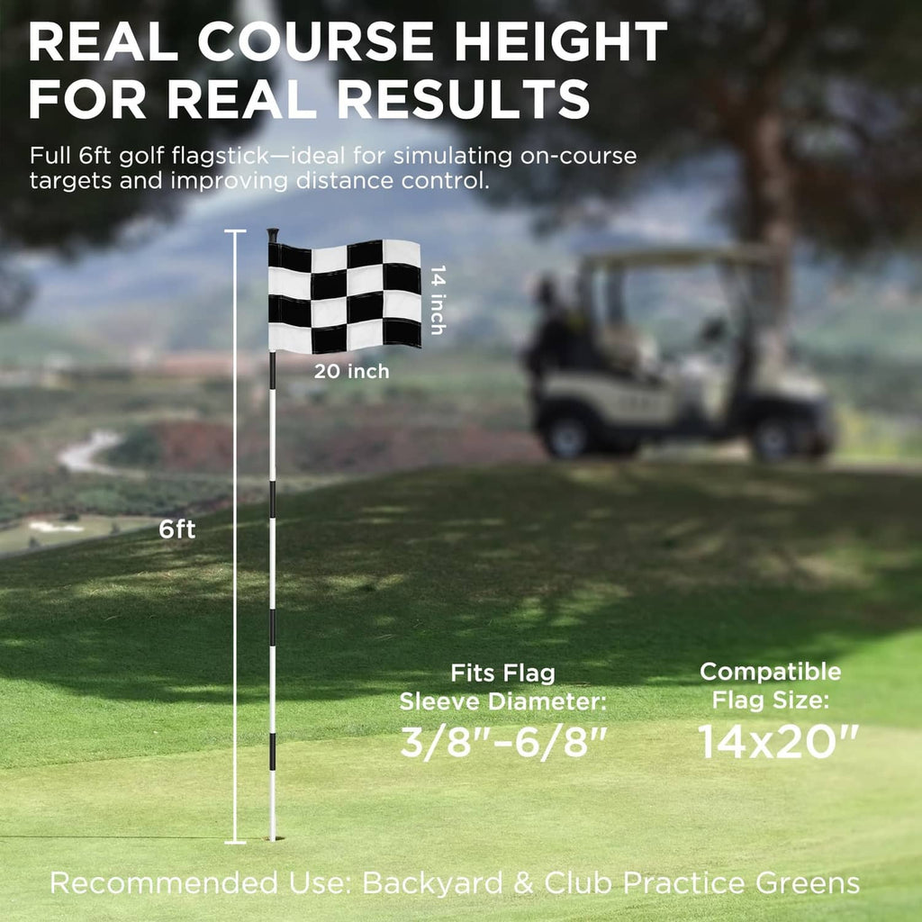 6-ft white golf flagpole with checkered flag height diagram and compatible sizing guide
