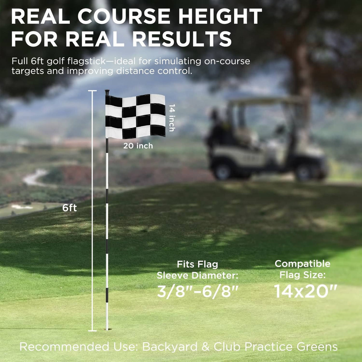 6-ft white golf flagpole with checkered flag height diagram and compatible sizing guide