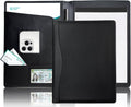 Black faux-leather legal padfolio with front pockets and document holder, open view