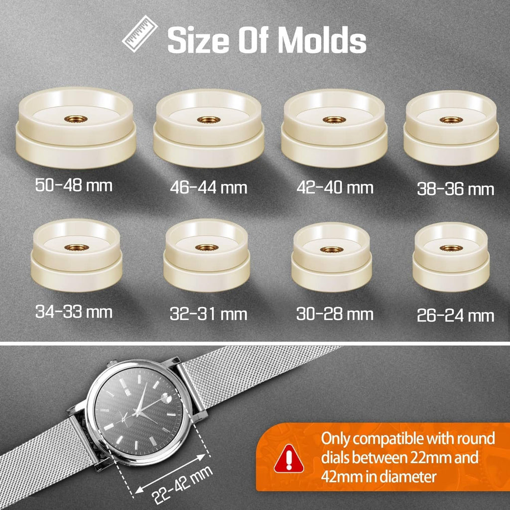 Beige watch press molds set with size labels for different dial diameters