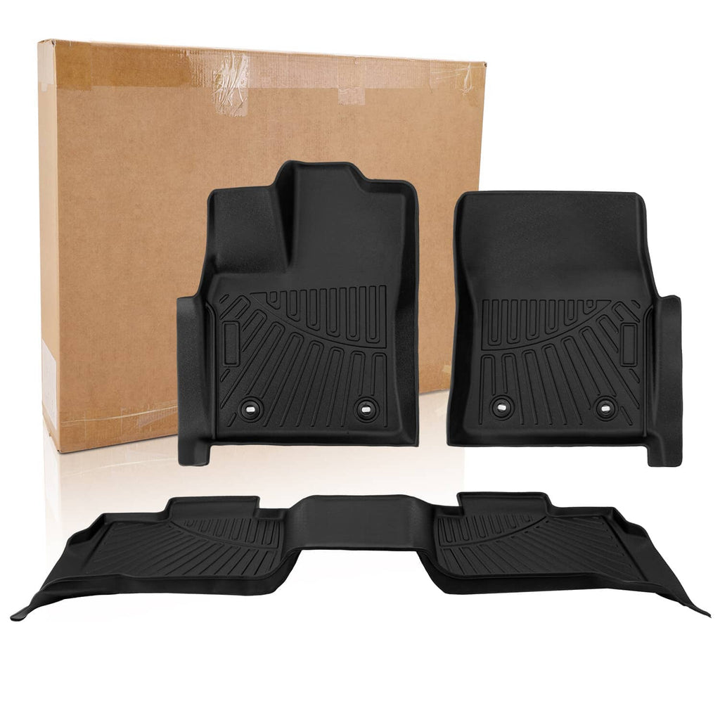 Black TPE floor liners set laid out on a box backing for full vehicle floor coverage