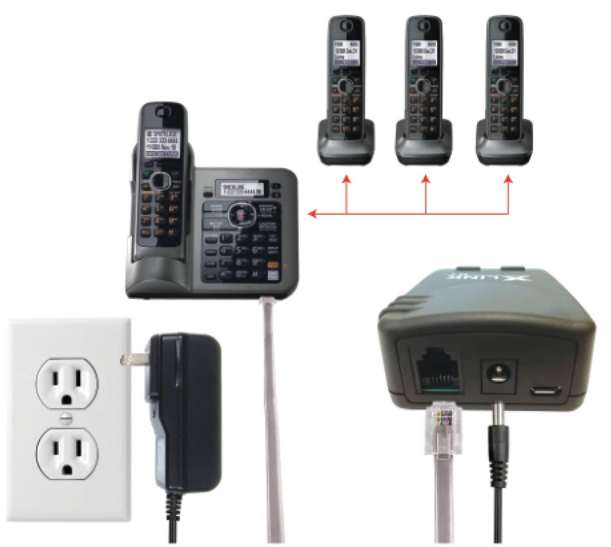 Bluetooth adapter kit with black base unit, cordless handset adapters, and power plug