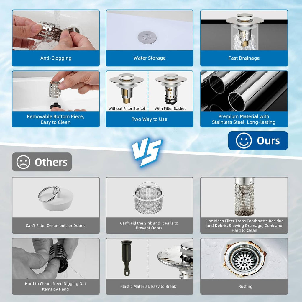 Brushed nickel sink drain strainer system with removable bottom piece and two-use design