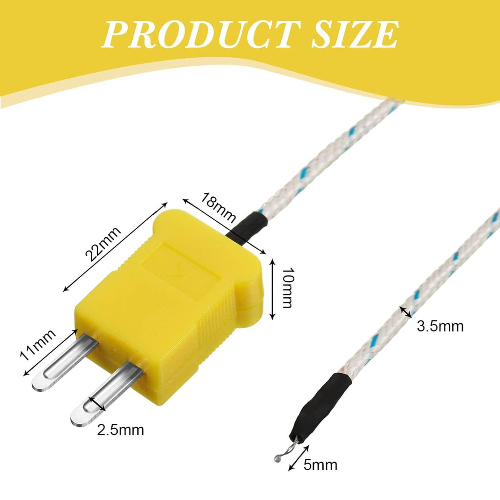 K-type thermocouple probe with yellow plug and black sensor end, white/blue cable