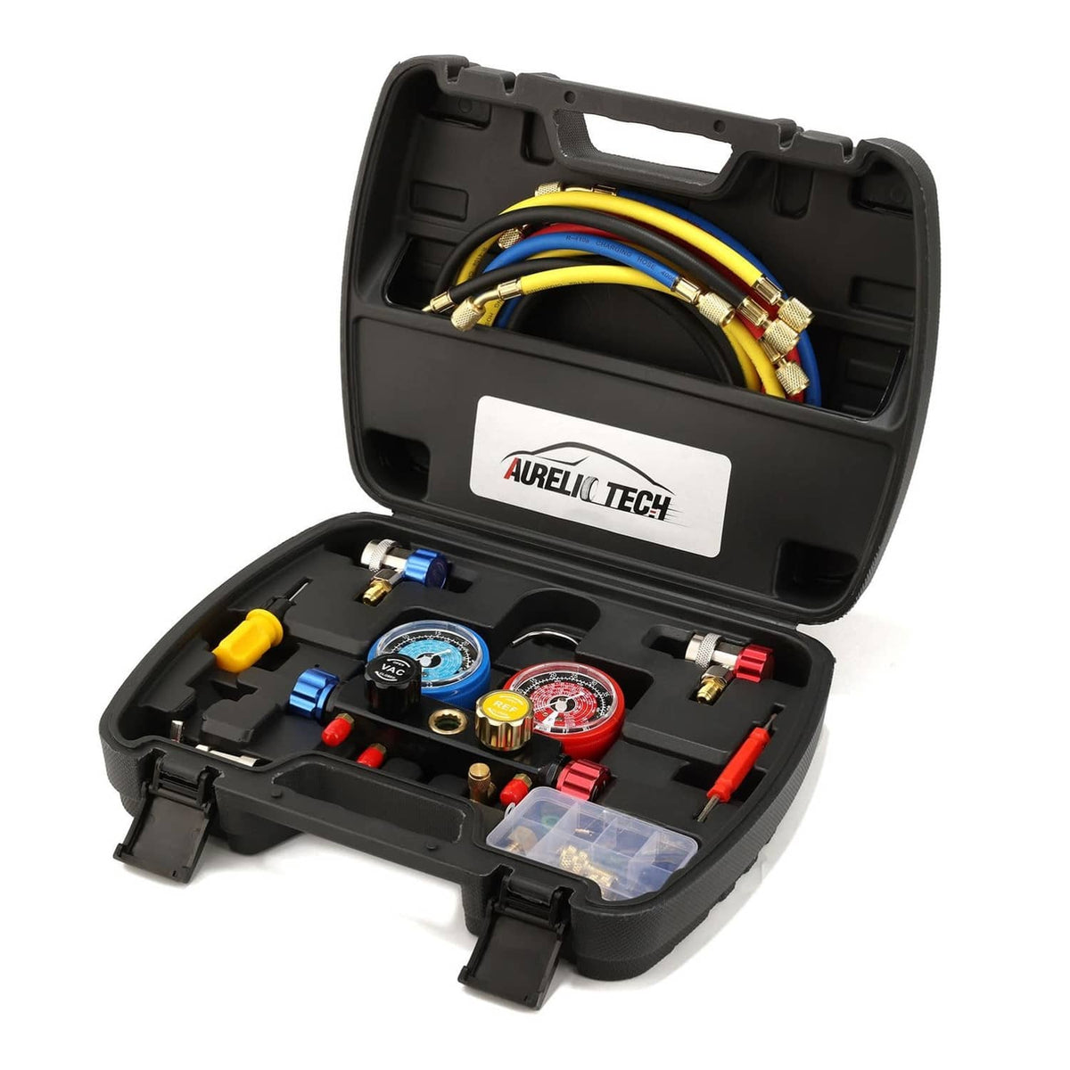 Manifold gauge set in black case with blue and red gauges, valves, and colored hoses