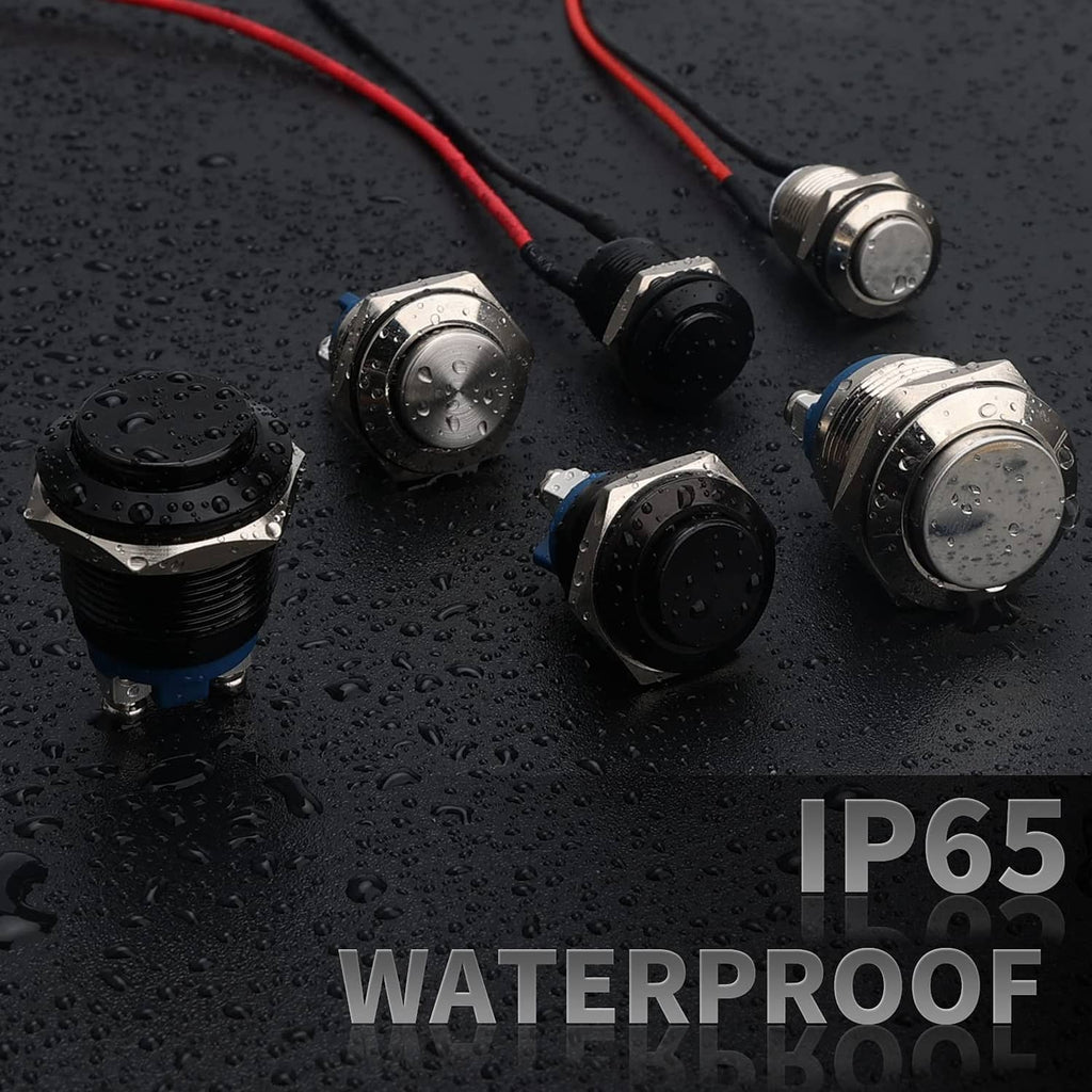 Waterproof momentary push button switch with black cap and red/black wires