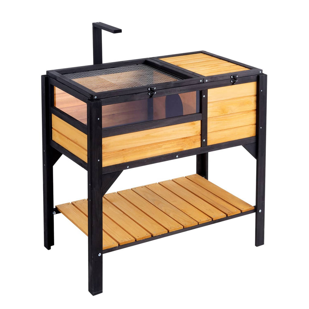 Wooden terrarium enclosure with mesh front, wire floor, and two wooden shelves