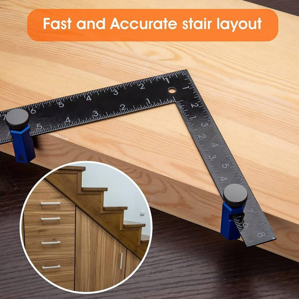 Stair gauge with blue clamp fitted to a black carpenter square on a wooden board