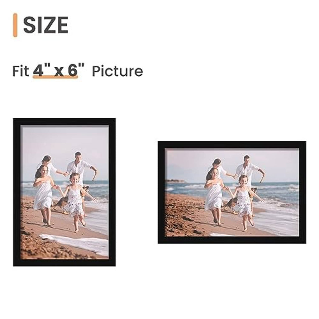 Black 4x6 picture frame set displaying photos in portrait and landscape layouts