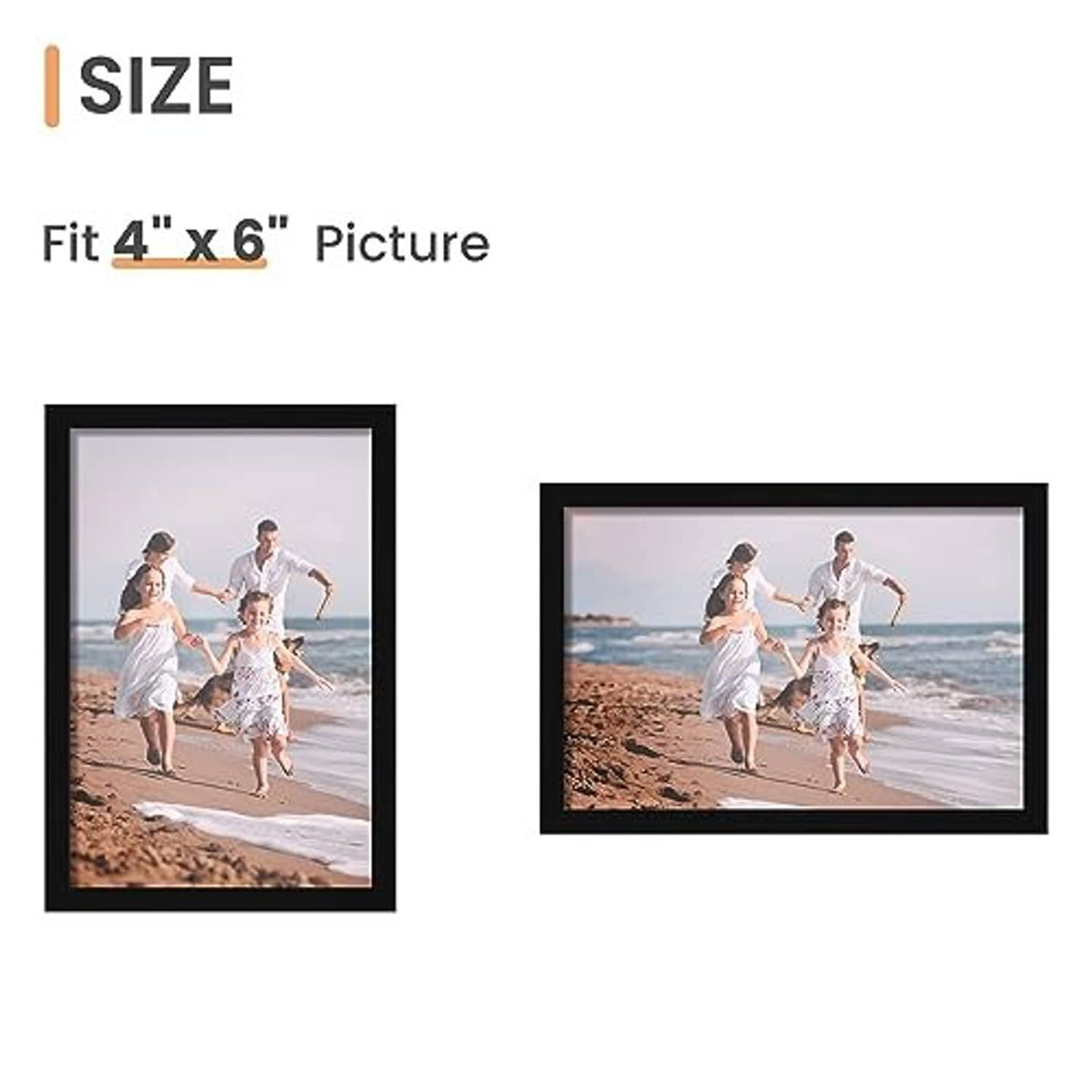 Black 4x6 picture frame set displaying photos in portrait and landscape layouts