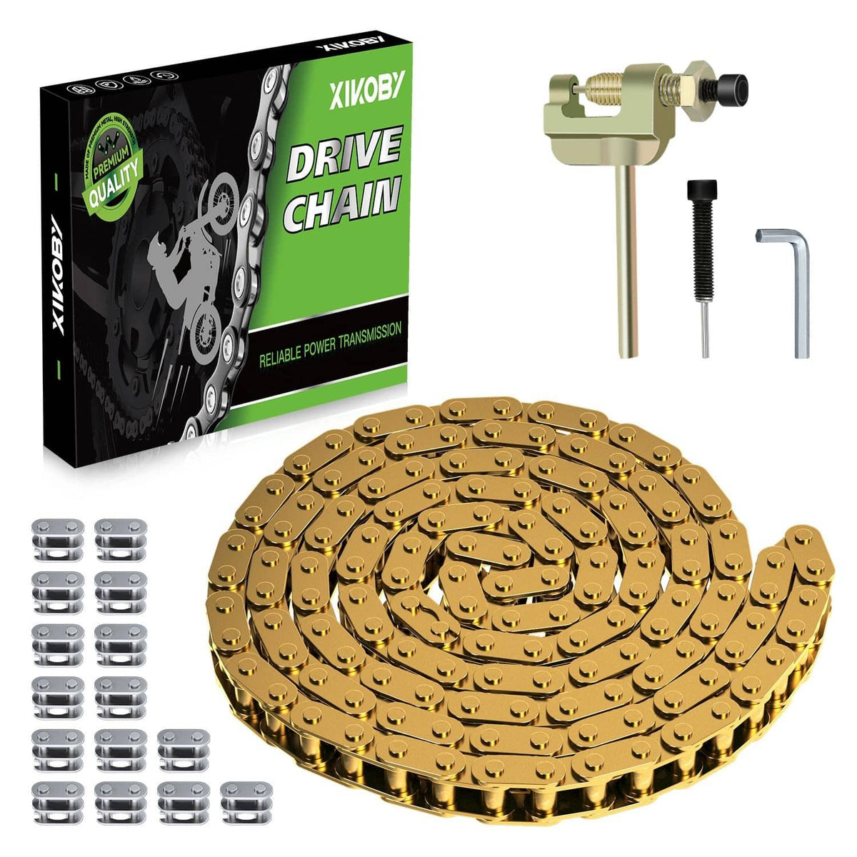 Gold 134-link drive roller chain with chain breaker tool kit and master links