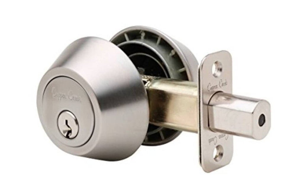 Stainless steel double-cylinder deadbolt showing key cylinder and latch mounting screws