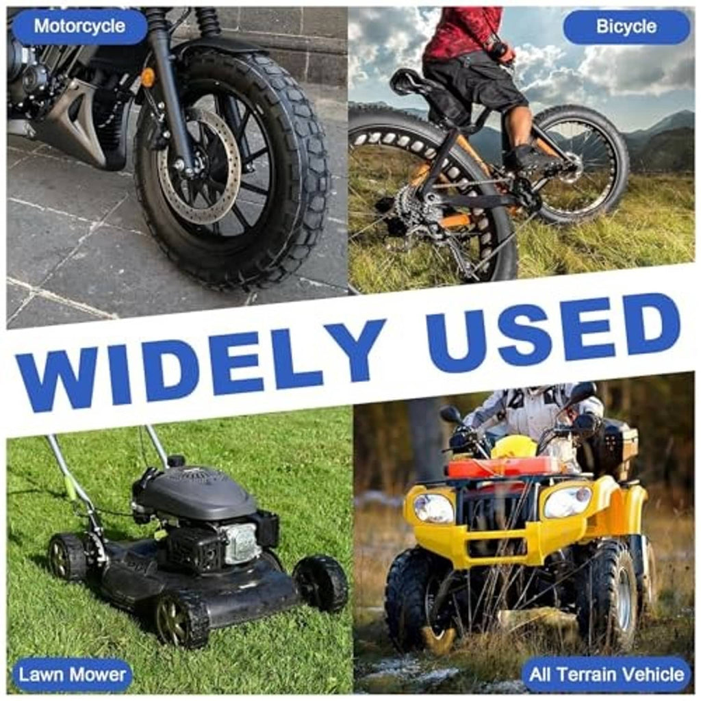 Motorcycle tire changing tool kit shown on tires for multiple vehicle types