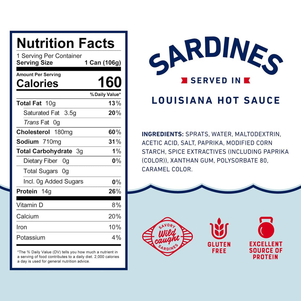 Beach Cliff sardines nutrition facts panel, gluten-free and protein per serving