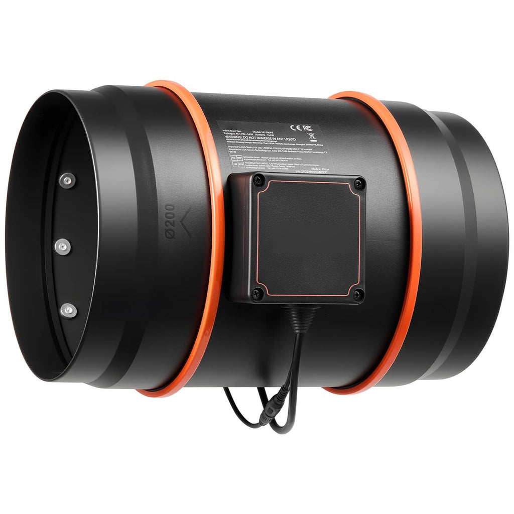8-inch inline duct fan, black housing with orange trim, side control panel