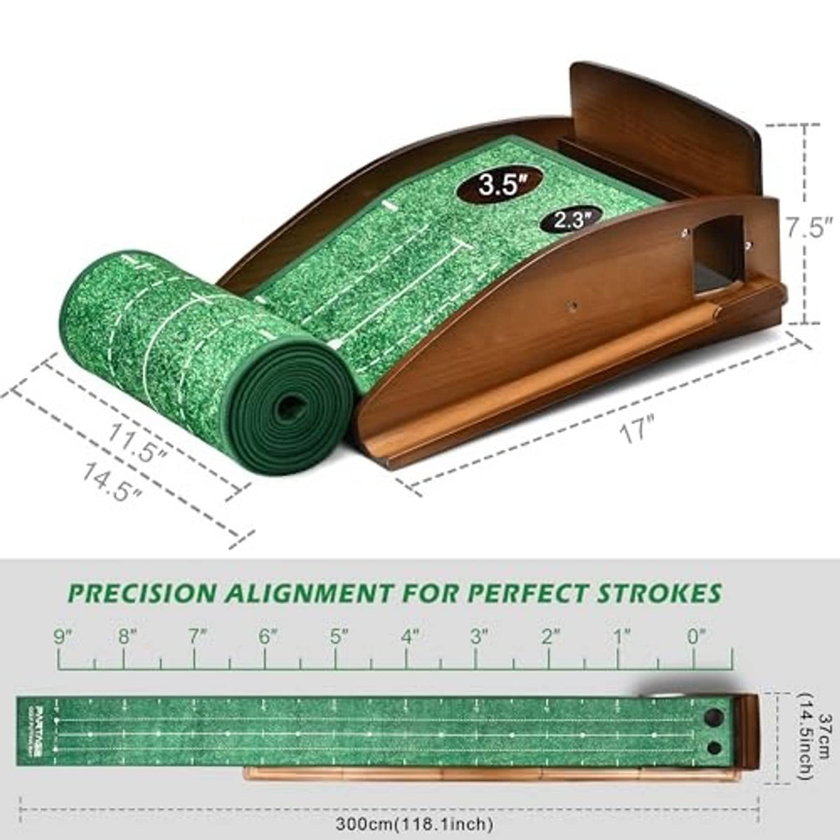 Extra-large indoor golf putting mat with green lane, brown wooden rails, size guide