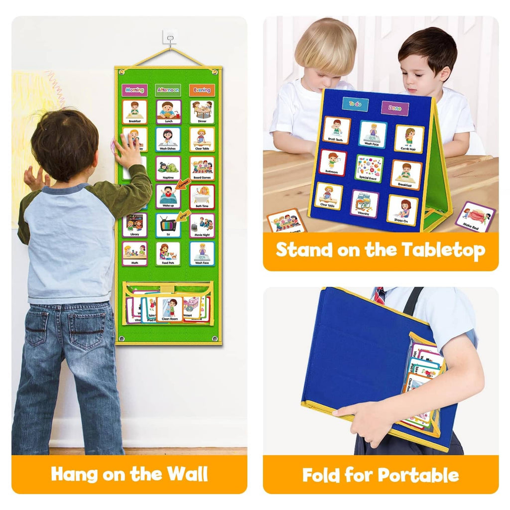 Portable kids chore visual schedule board showing wall hanging and fold-up use