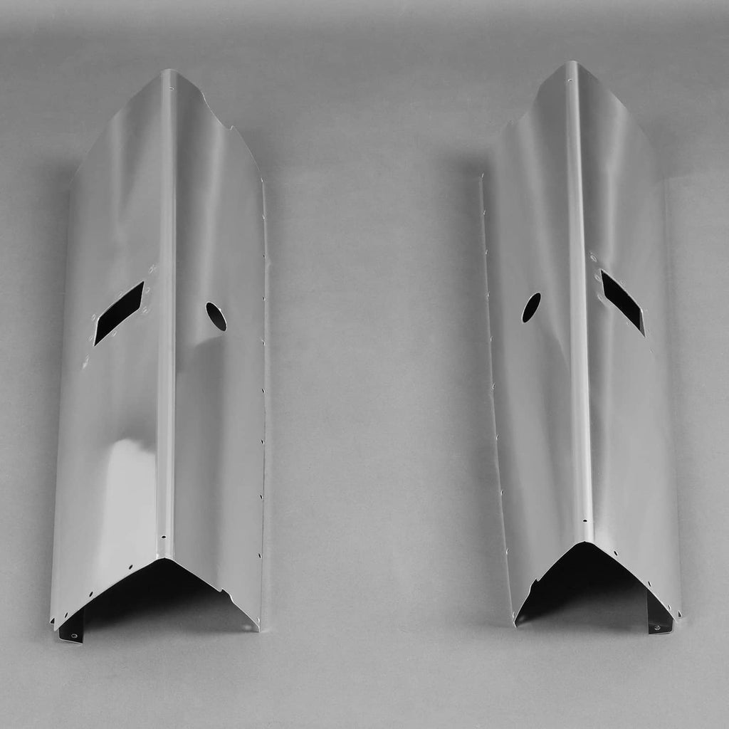Polished aluminum landing gear leg fairings LH and RH with side cutouts and holes