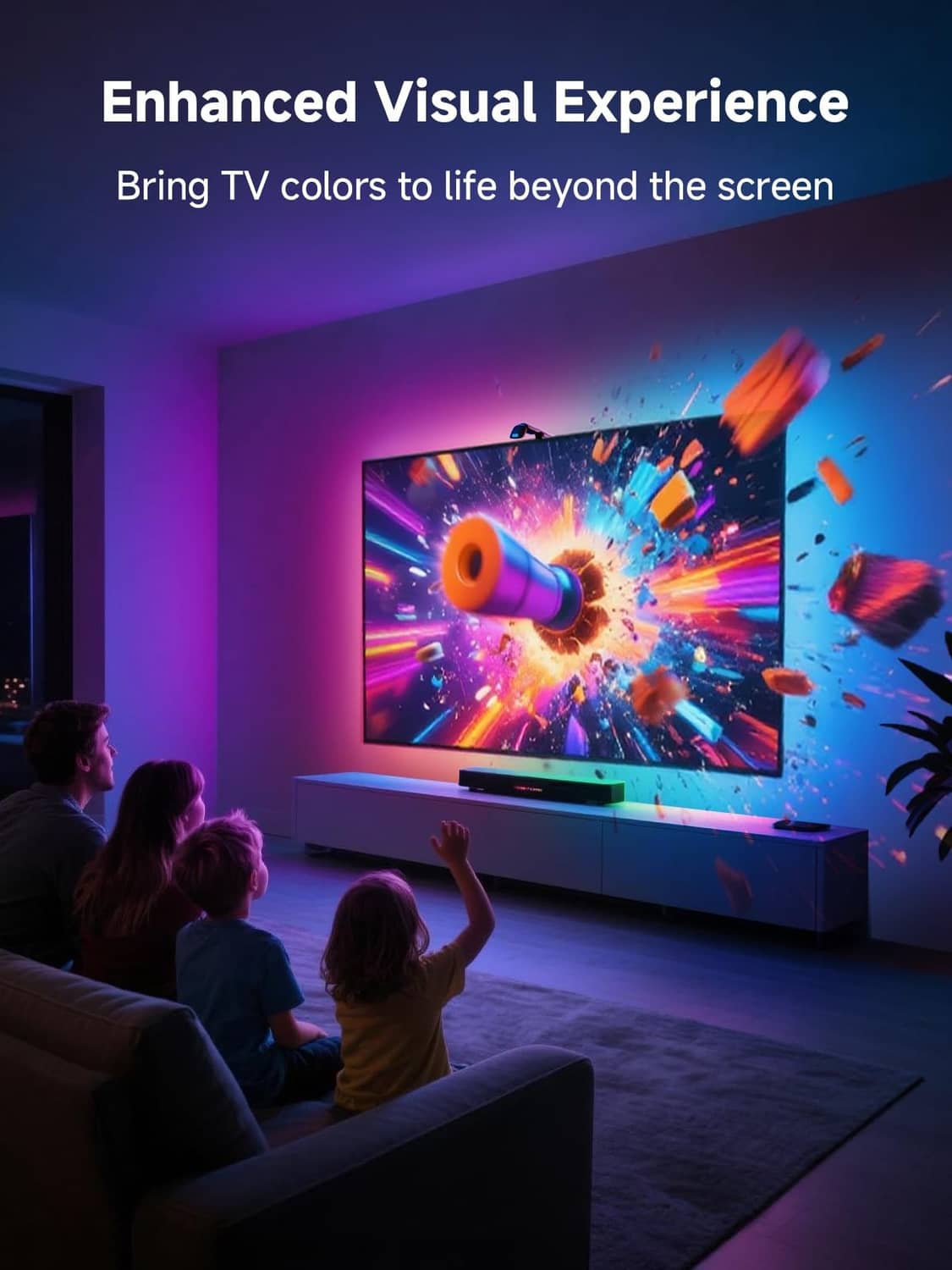 Multicolor LED TV backlight light strip glowing behind flat-screen TV