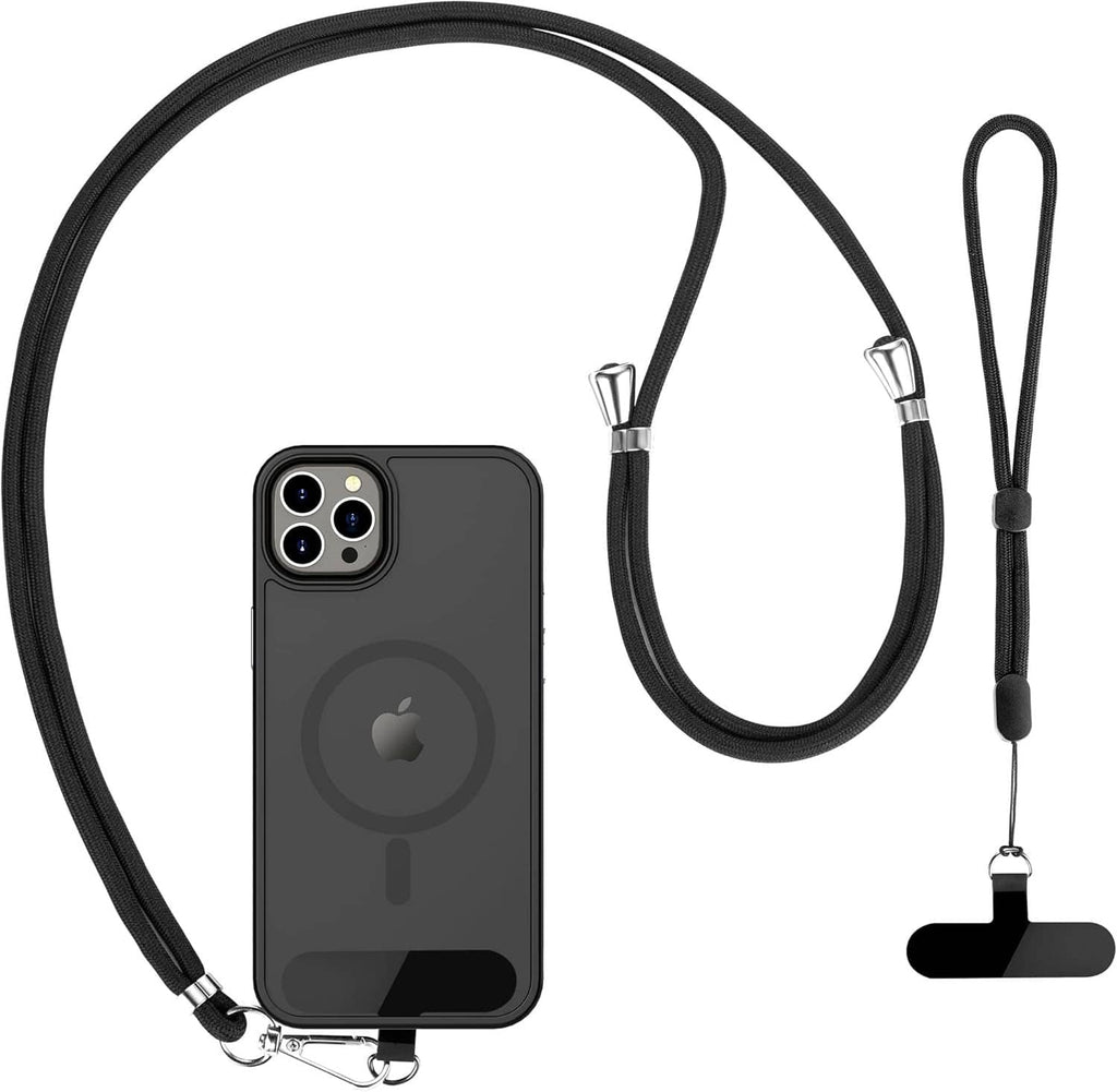 Black phone lanyard set featuring adjustable neck strap with metal connector clip