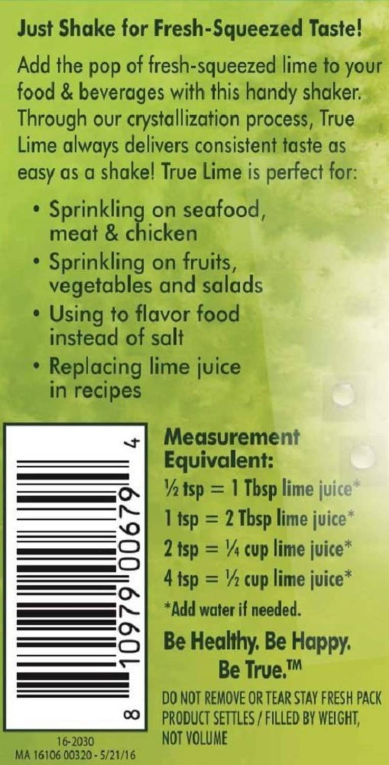 Usage instructions and measurement chart for True Lime shaker, dissolve with lime juice