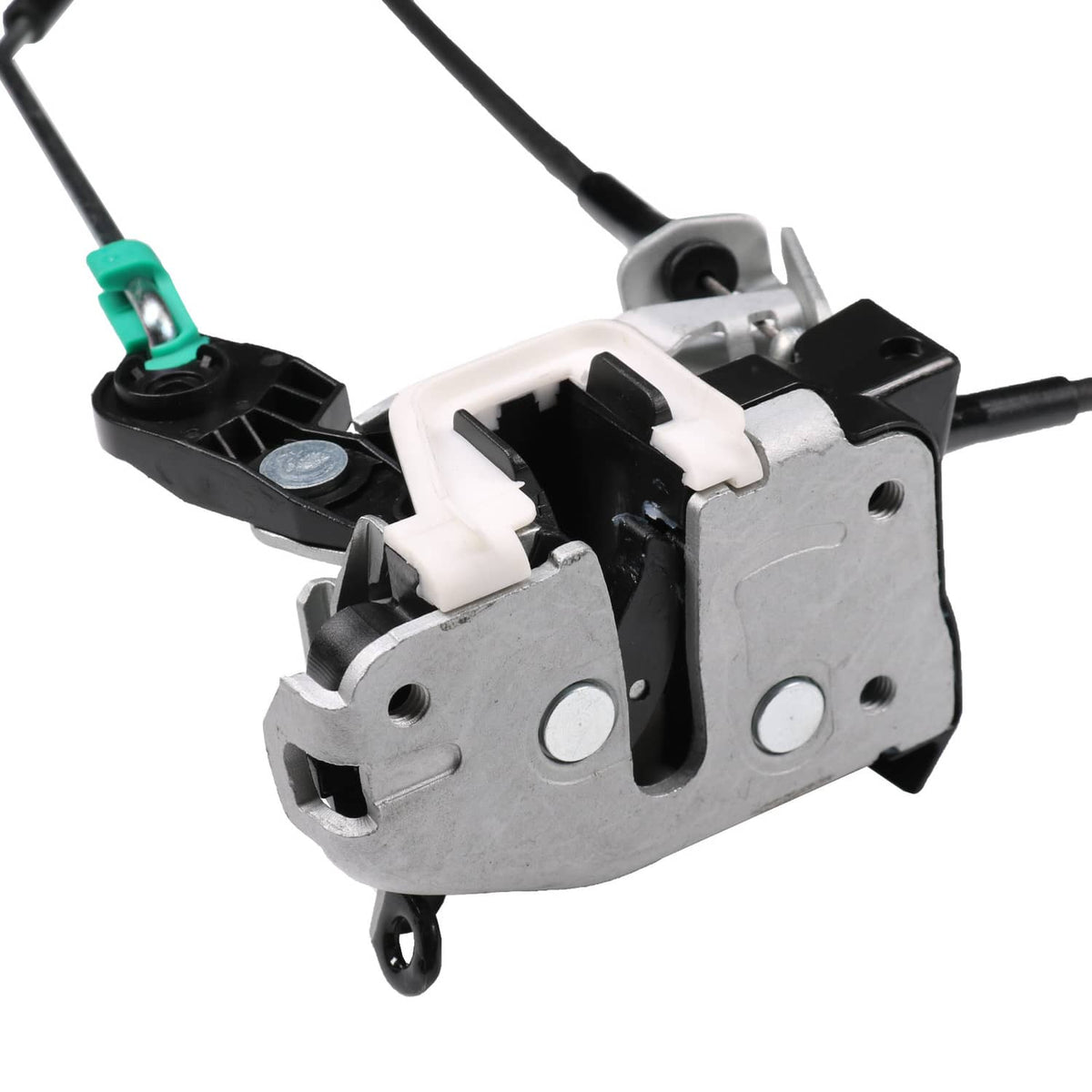 Close-up of rear cargo door latch actuator with wire harness and mounting lugs