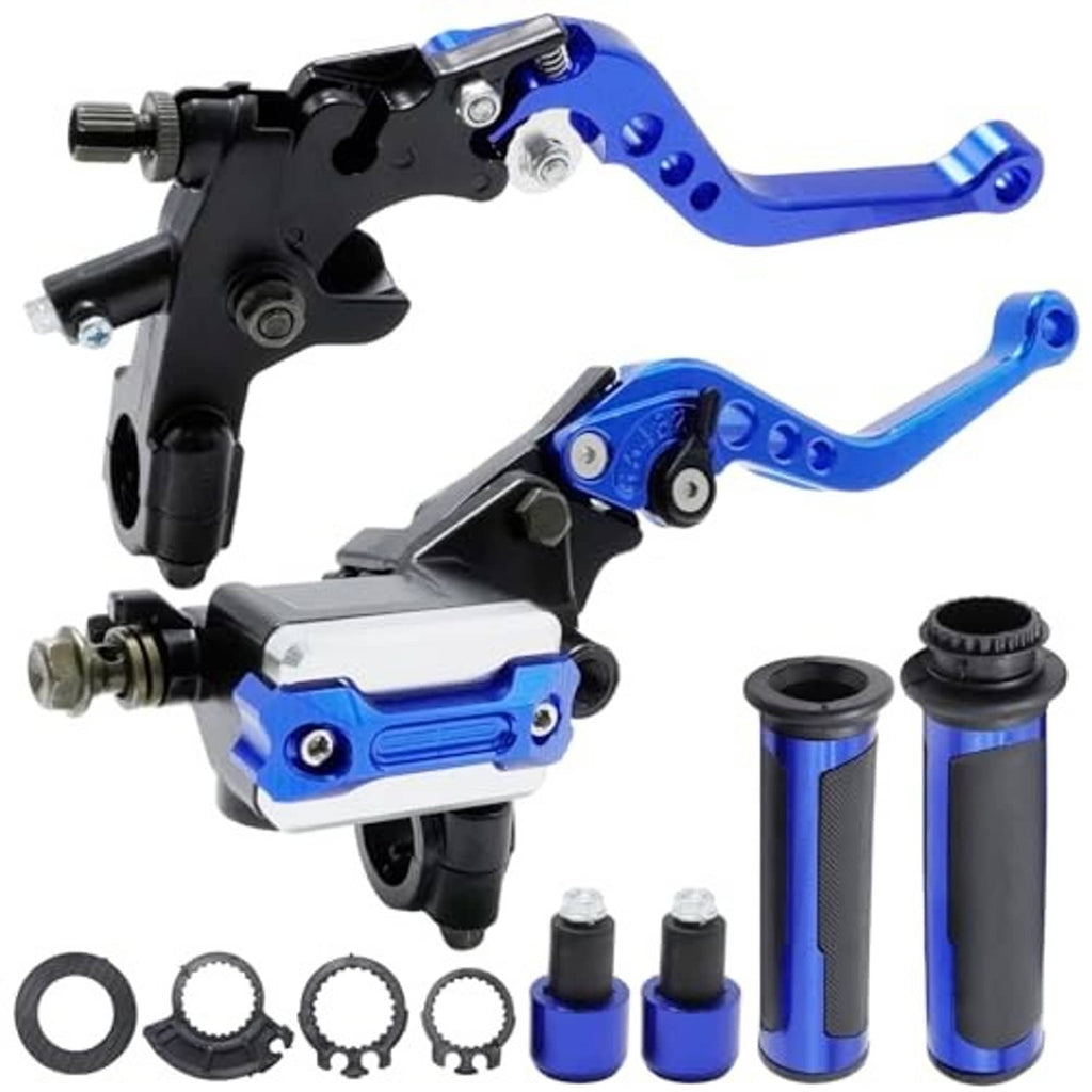 Motorcycle brake and clutch lever set, blue anodized levers with black master cylinder bodies