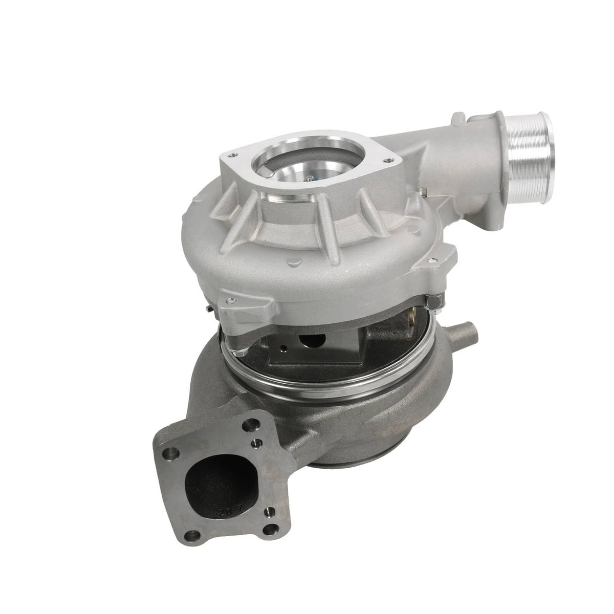 Turbocharger assembly with steel turbine housing, compressor outlet, and mounting flange