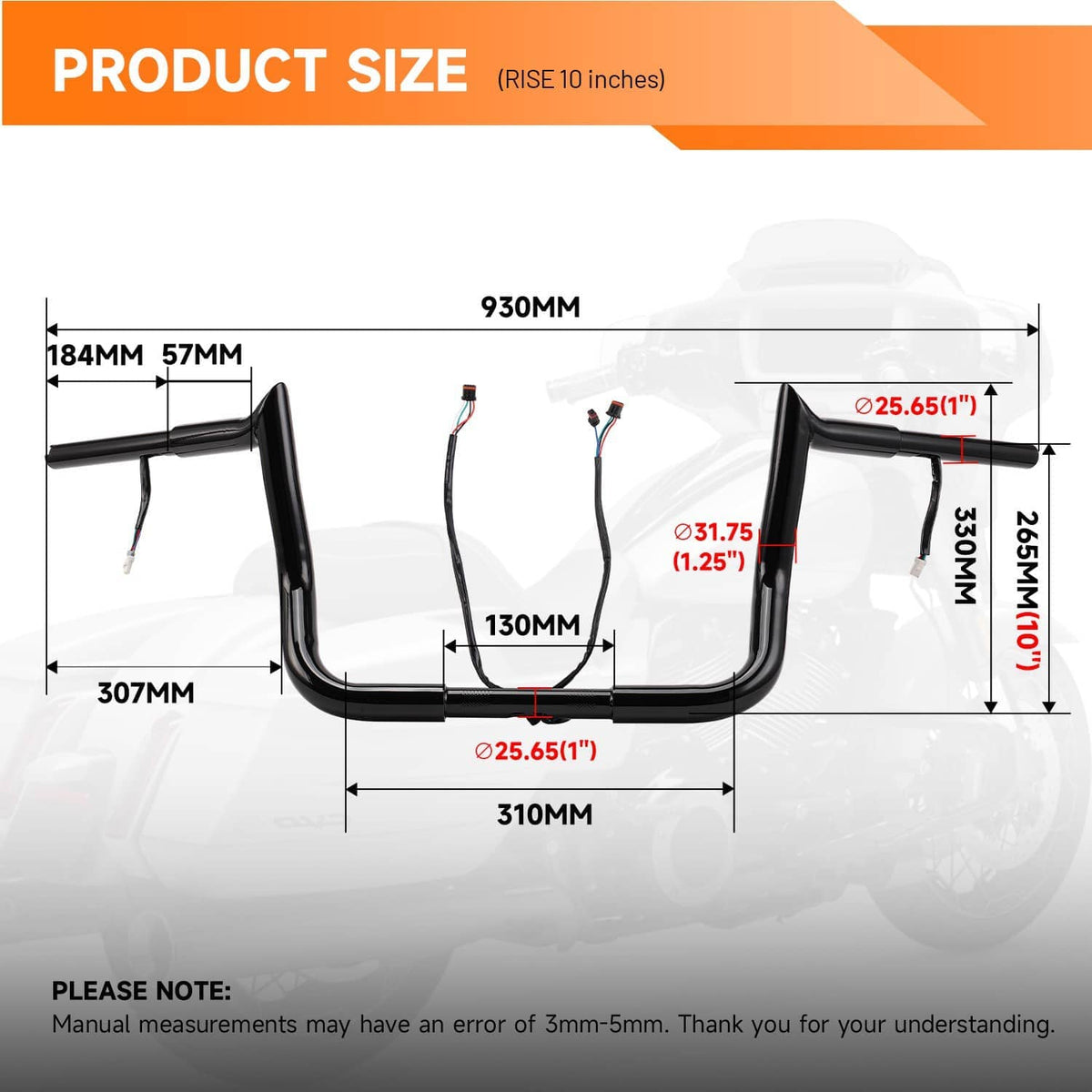 Handlebar size chart diagram with overall dimensions for a pre-wired meathook bar