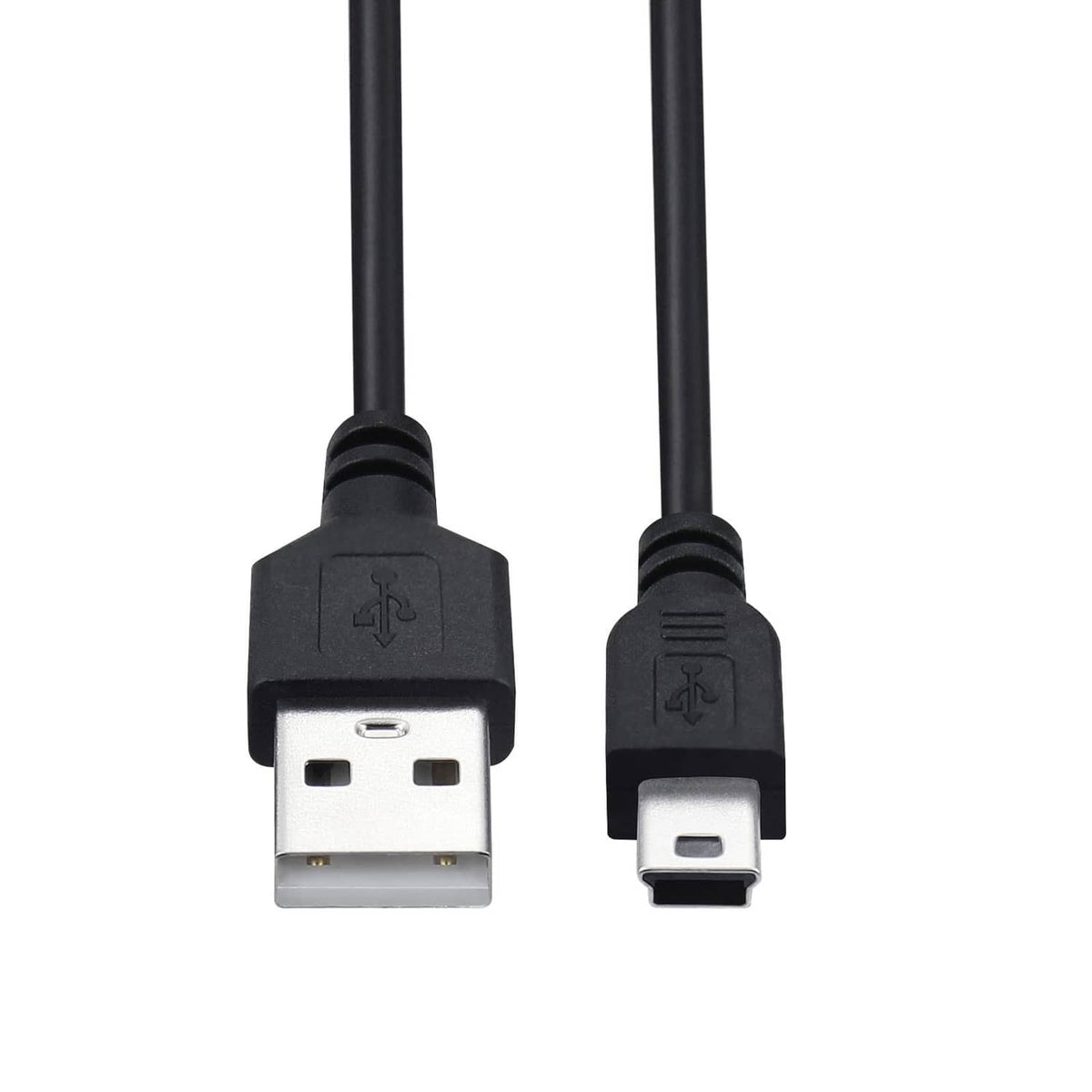 Black mini USB cable connectors, USB-A and mini USB ends in close-up