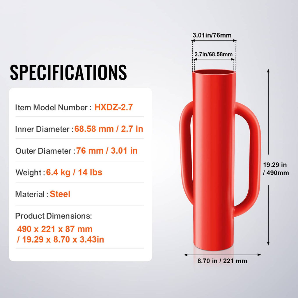 Red steel post driver with dual handles and cylindrical body, front view