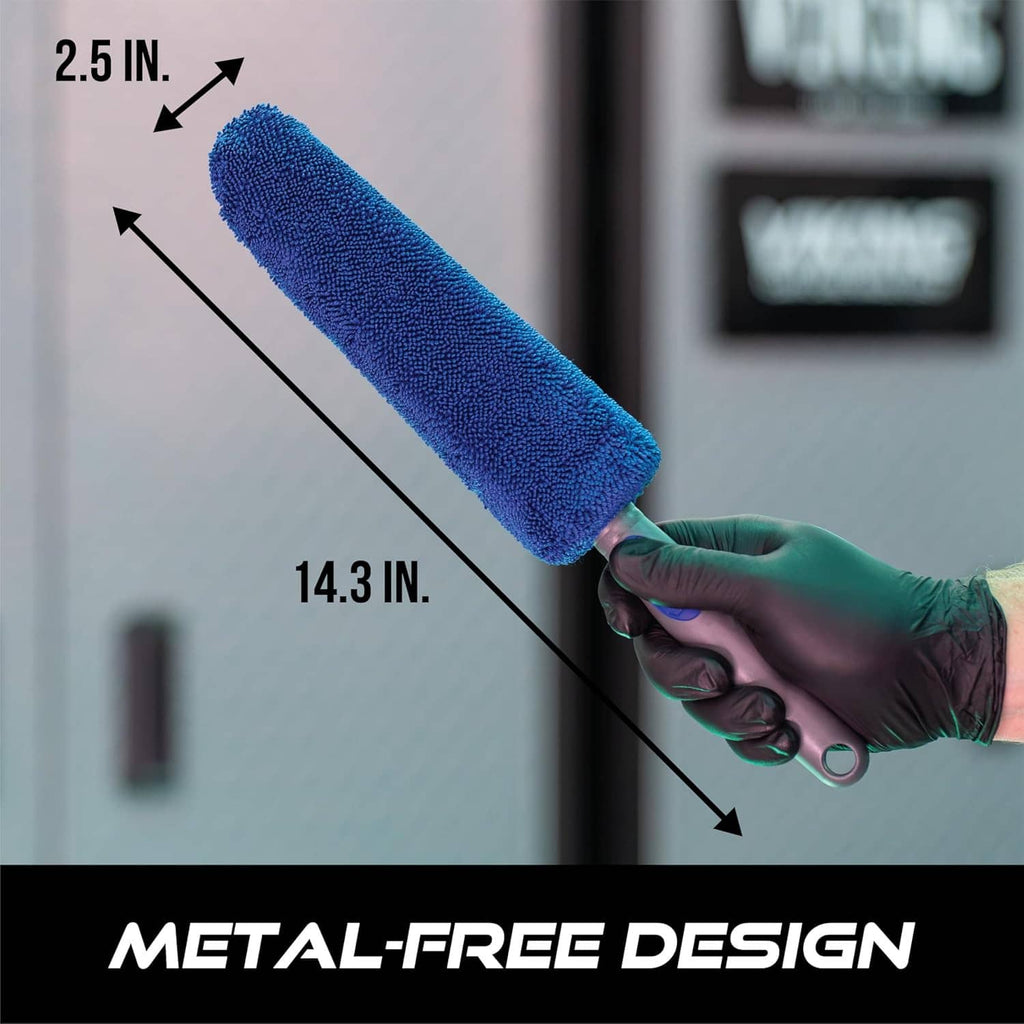 Blue microfiber wheel brush for rims, shown with size markings 2.5 in and 14.3 in