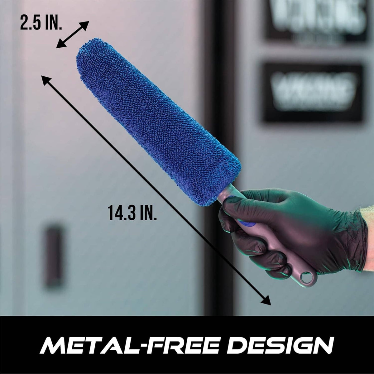 Blue microfiber wheel brush for rims, shown with size markings 2.5 in and 14.3 in