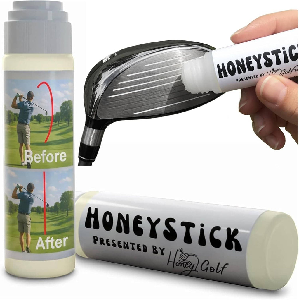 HoneyStick anti-slice gel tube with gray cap, held near a golf club head