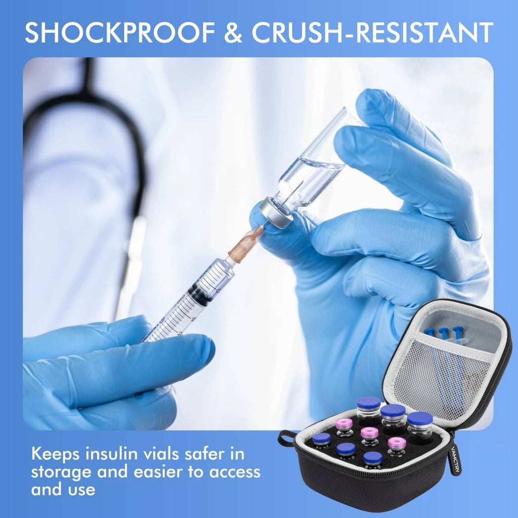 Black 9-slot insulin vial protector case with padded, shock-resistant interior