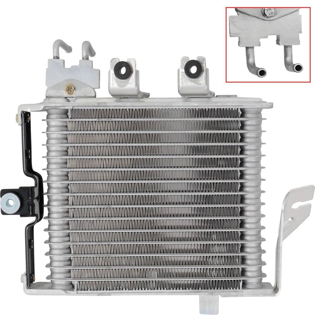 Automatic transmission oil cooler with side tanks, cooling fins, and valve connections