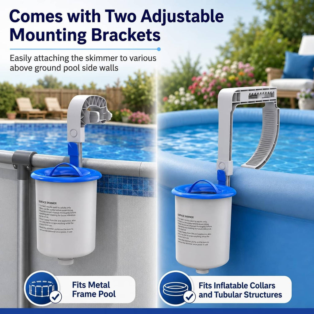 Above-ground pool surface skimmer with two adjustable mounting brackets and blue basket